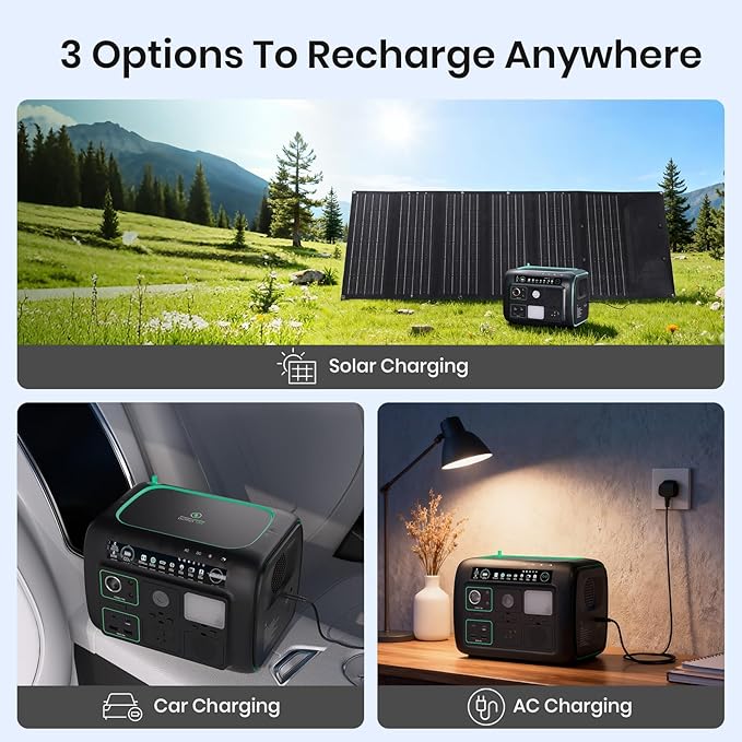 Portable Power Station, with Snap-on Light, Speaker & Charger, 800W Solar Generator, 512Wh Outdoor Power supply for Camping RV hiking, 100W USB-C Output, 3 AC Outlets