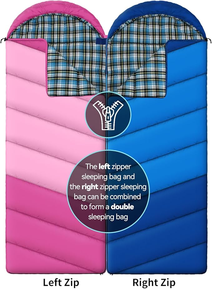 Cotton Flannel Lined Sleeping Bag for Adults Teens Kids, Cold Weather & Warm, 3 Seasons, Lightweight Compact Camping Essentials Equipment, Hiking, Outdoor, Travel