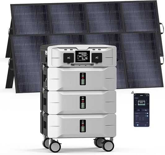 IEE 7680Wh Power Station SP5000:(1x Inverter + 3 x Batteries) with 2X400W Solar Panels, 120/240V 5000W(Surge 9000W) AC Output, 3500W/240V Fast AC Charging Solar Generator for Home Battery Backup