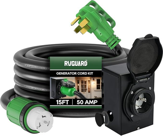 RVGUARD Emergency Power Combo Kit, 15 Foot 50 Amp Generator Cord and Power Inlet Box, NEMA 14-50P to SS2-50R Generator Cord with NEMA SS2-50P Pre-Drilled Generator Inlet Box, ETL Listed