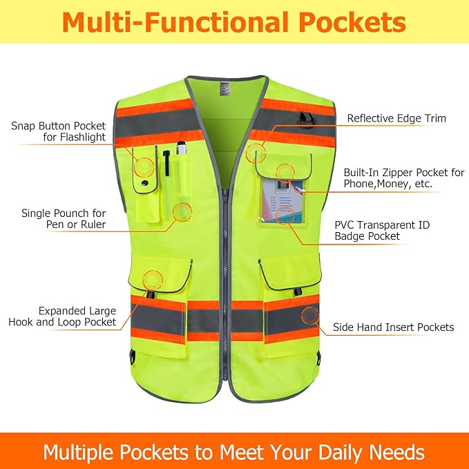 TCCFCCT High Visibility Vest 9 Pockets Hi Vis Reflective Safety Vest for Men Women, Surveyor Work Vest with Fluorescent Orange Extend Edge, Durable, Breathable, Meets ANSI/ISEA, (DB-Yellow, Small)