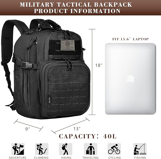 Military Tactical Backpack for Men, 40L Molle EDC Daypack Work Backpack for Trekking, Army 3 Days Assault Pack & Bug Out Bag with Water Bladder Compartment, Hiking Rucksack