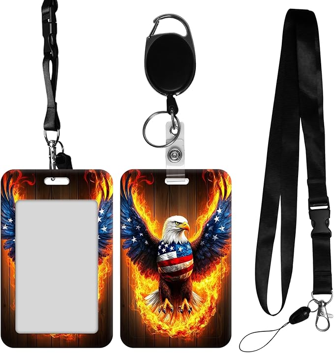 ID Badge Holder with Retractable Lanyard for Women & Men,Vertical ID Card Holder Wallet,Clear Window&Card Slot,Detachable Neck Strap for Nurse Teacher Office,Flame American Flag Eagle