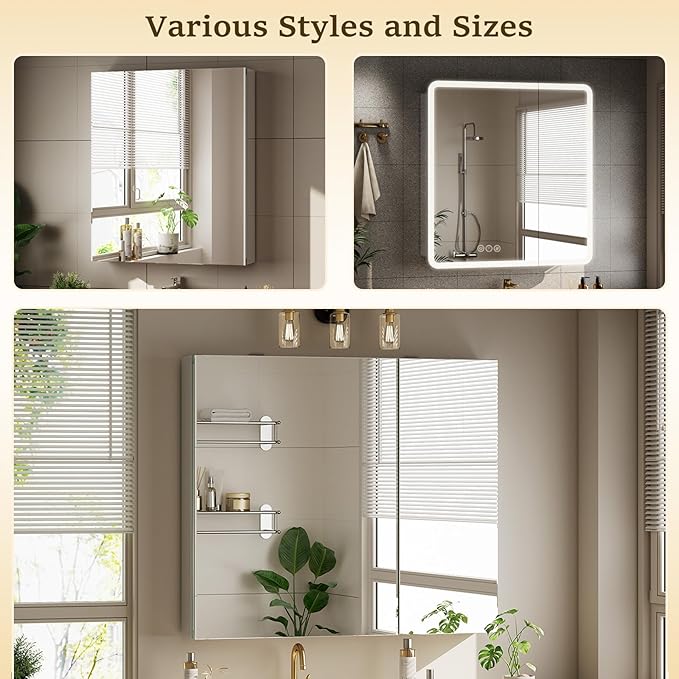 Bathroom Medicine Cabinet with Mirror, 16 Inch x 24 Inch Bathroom Mirror Cabinet with Single Door & Adjustable Shelves, Surface Mount or Recess Installation