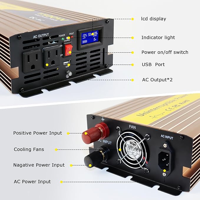 1500W Sump Pump Battery Backup Power System,Basment Protection Sump Pump Inverter with LCD Display and Automatic Battery Backup Switching for Basement Emergency and Power Outage Backup, (Gold)