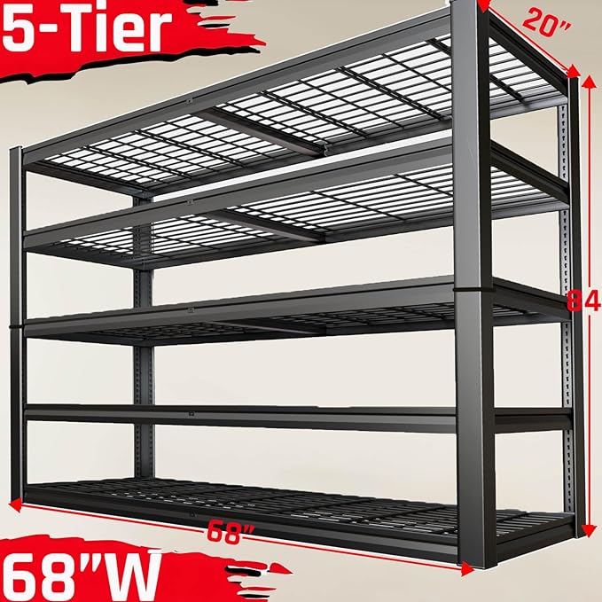 5-Tier Storage Shelves, 68" W Garage Shelving Heavy Duty Metal Adjustable Garage Shelves, Shelving Units Industrial Shelving for Warehouse, 68" W x 20" D x 84" H,Black