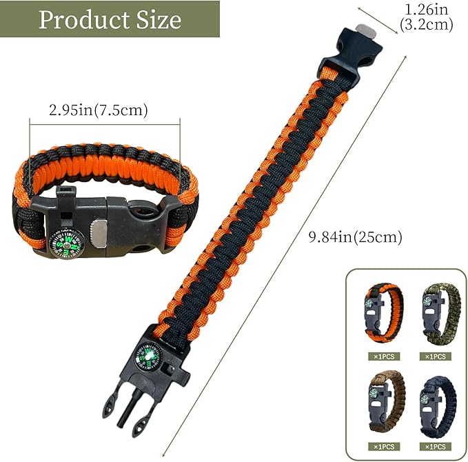 Survival Bracelets 4-Pack | 5-in-1 Paracord Bracelet Set with Fire Starter, Compass & Whistle | Emergency Outdoor Gear for Camping, Hiking