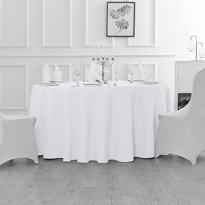 Fokitut 12 Pack Waterproof Round Tablecloth, 108 Inch, Stain Resistant and Wrinkle Polyester Table Cloth, Fabric Table Cover for Kitchen Dining, Wedding, Party, Holiday Dinner-White