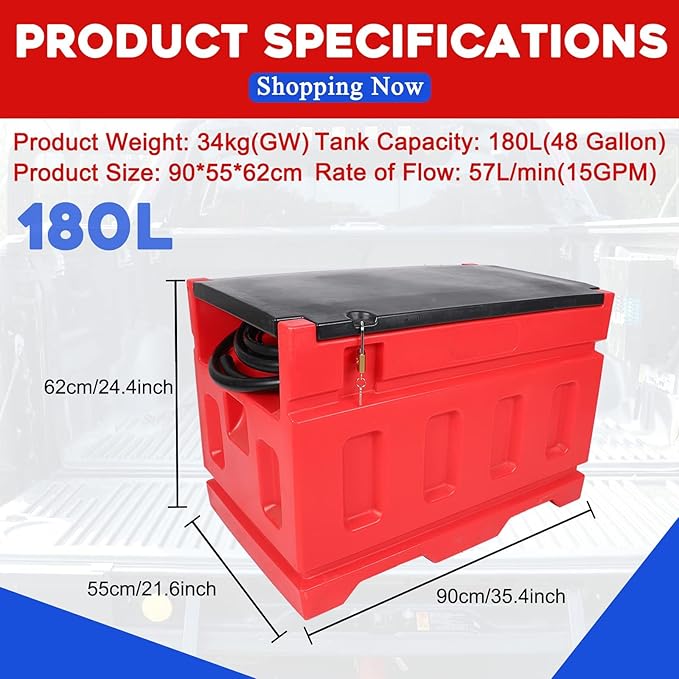 Portable Gasoline Diesel Fuel Transfer Tank with Pump, 15GPM High Flow Rate, 48 Gallon Portable Fuel Tank with 12V DC Electric Fuel Transfer Pump for Gasoline Diesel Dual Fuel Capability