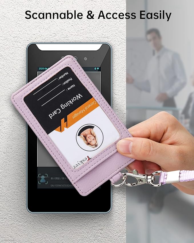 Teskyer Badge Holder with Lanyard, Leather ID Name Badge Card Holder with Lanyard for ID Badges, Vertical, Lychee Pattern Lilac