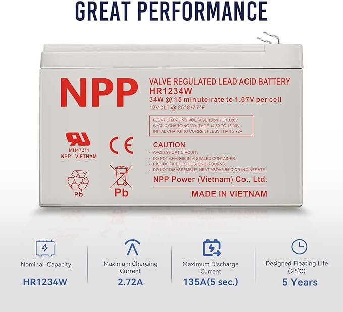 NPP HR1234W (F2, 1Pcs) 204Watts 12V 34Watts/Cell AGM Sealed Lead Acid Rechargeable Battery Replace 12V 9Ah for Back-UPS Flame Retardant UPS Battery