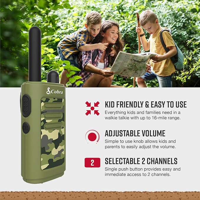 Cobra HE150 G - Kid Friendly Walkie Talkies - 16-Mile Range, 2 Channels Two-Way Radio Set, Green, (2-Pack)