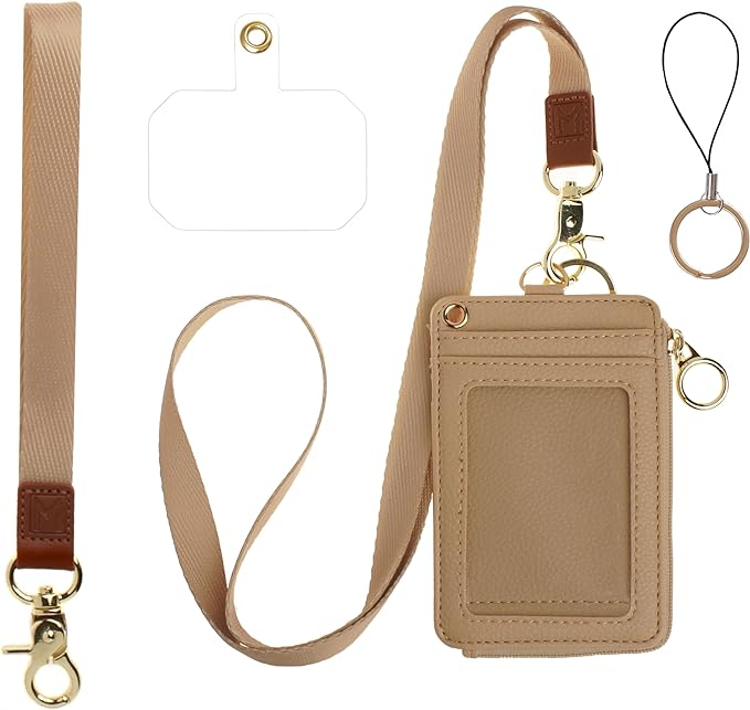 2-in-1 ID Badge Holder & Lanyard Wallet - Multi-Use Womens Small Wallet with Removable Wristlet & Neck Lanyard, Clear Window, 5 Card Slots, Phone Holder, Ring Keychain - Taupe