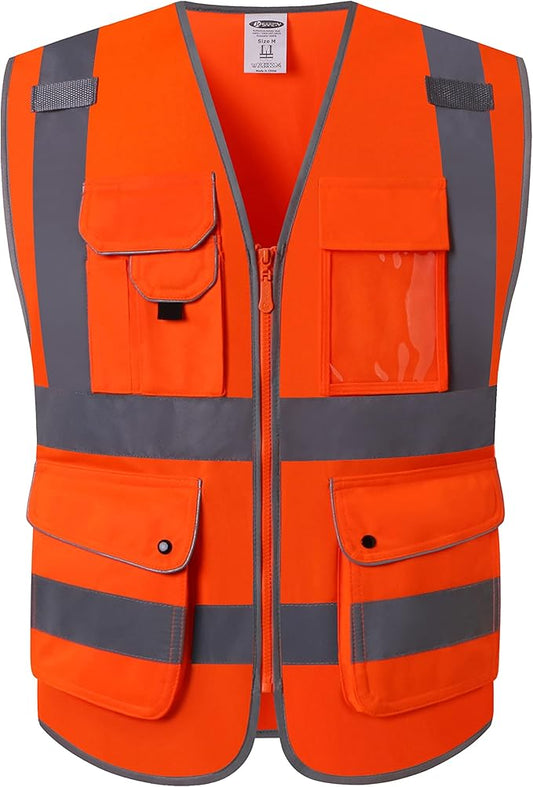 JKSafety 9 Pockets Class 2 High Visibility Zipper Front Safety Vest With Reflective Strips,Meets ANSI/ISEA Standards (150-Orange 3XL)