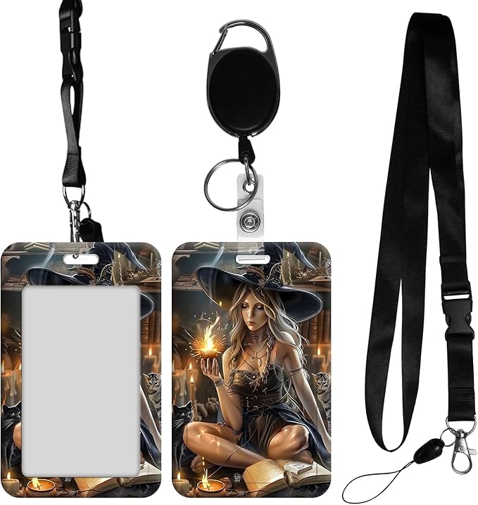 ID Badge Holder with Retractable Lanyard for Women & Men,Vertical ID Card Holder Wallet,Clear Window&Card Slot,Detachable Neck Strap for Nurse Teacher Office,Magic Witch