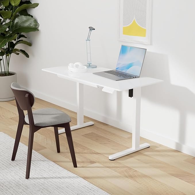 Marsail Glass Electric Standing Desk with Drawer, 37 x 22 Inches Height-Adjustable Desk, One-Piece Tempered Glass Top, Ergonomic Home Office Sit Stand Desk with 4 Preset Heights, White