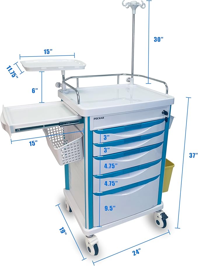 Pochar Medical Crash Cart with Emergency Accessory - Cardiac Board, IV Pole, O2 Holder, Power Strip, Trash Bin, Drawers with Dividers - Mobile Emergency Cart for Hospitals and Clinics