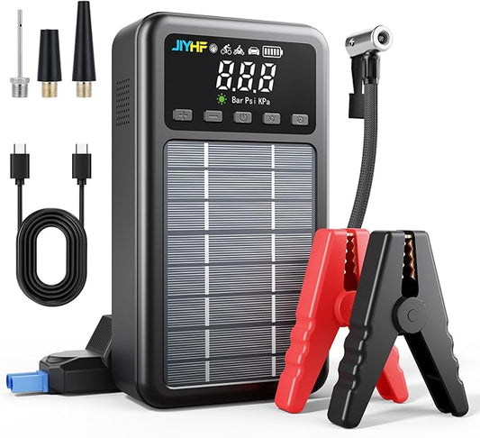 JIYHF 3000A Jump Starter with Air Compressor 150PSI Tire Inflator-12V Lithium Battery 8.0L Gasoline and 6.0L Diesel Engines, Portable Jump Box with Solar Panel and PD 45W Fast Charge