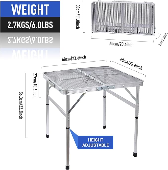 C Square Folding Height Adjustable Aluminum Table - 23.6"x23.6" White, Mesh Bag, Carry Handle, Ideal for Grill, Camping, Outdoor, Card Games