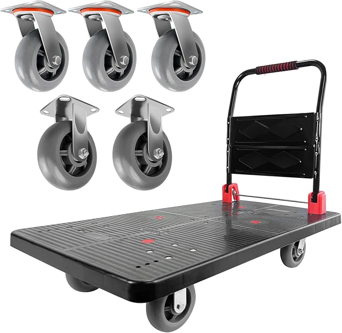 Platform Truck, Foldable Push Cart Dolly w/Five 360 Swivel 6'' Wheels, 1600LBS Capacity Heavy Duty Moving Platform Trucks Hand Cart for Groceries, Garage, Warehouse (43" L x25" W)