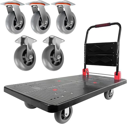 Platform Truck, Foldable Push Cart Dolly w/Five 360 Swivel 6'' Wheels, 1600LBS Capacity Heavy Duty Moving Platform Trucks Hand Cart for Groceries, Garage, Warehouse (43" L x25" W)
