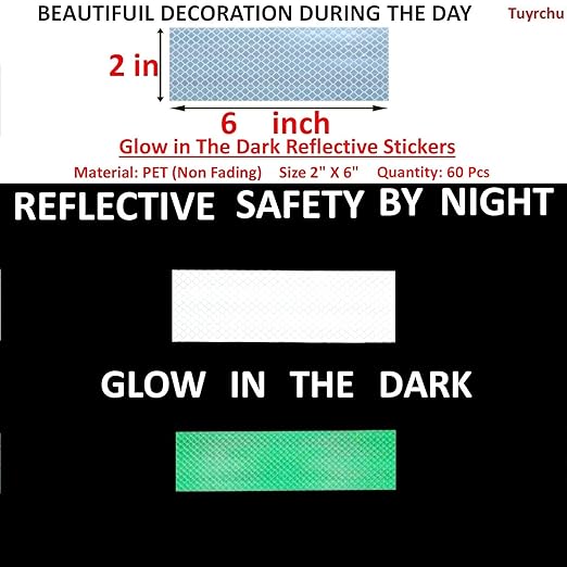 Glow in The Dark Reflective Stickers 2 inch X 6 inch for Truckskes, Warning Strong Safety Adhesive Reflective Strips (60 Pcs)