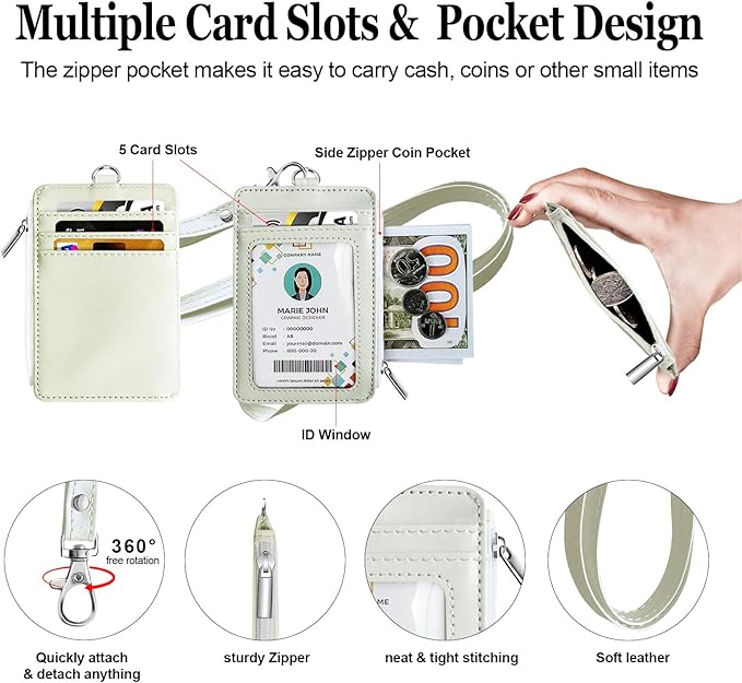 bolimoss 2-in-1 ID Badge Holder & Lanyard Wallet, Multiple Card Slots Leather ID Card Holder with Neck Lanyard for Cruise Ship Cards,Credit Cards, Office School ID, Work Name Cards, Driver's License