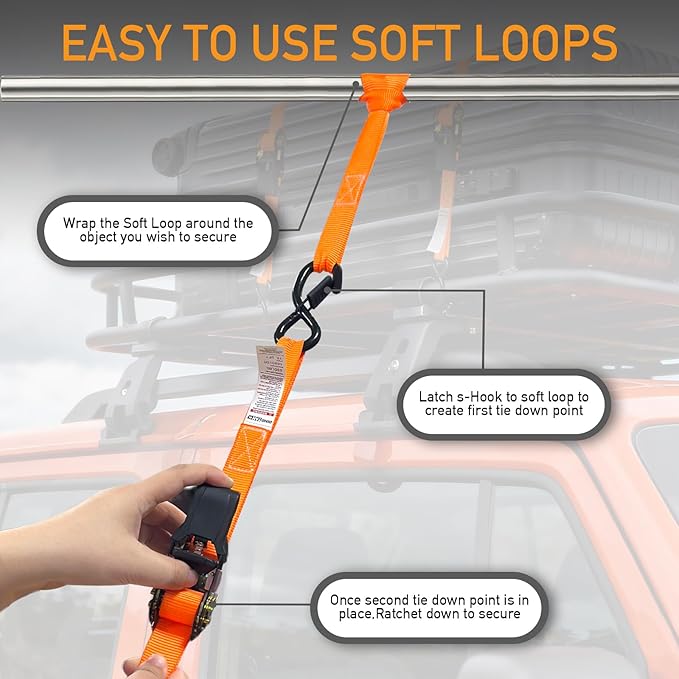 Ratchet Straps Heavy Duty 4-Pack - 1''x 15' (1,680lb Break Strength) - Motorcycle Straps Tie Downs with Safety S Hooks -Cargo Straps for Moving, Appliances, Motorcycle, Trucks, Car - Orange