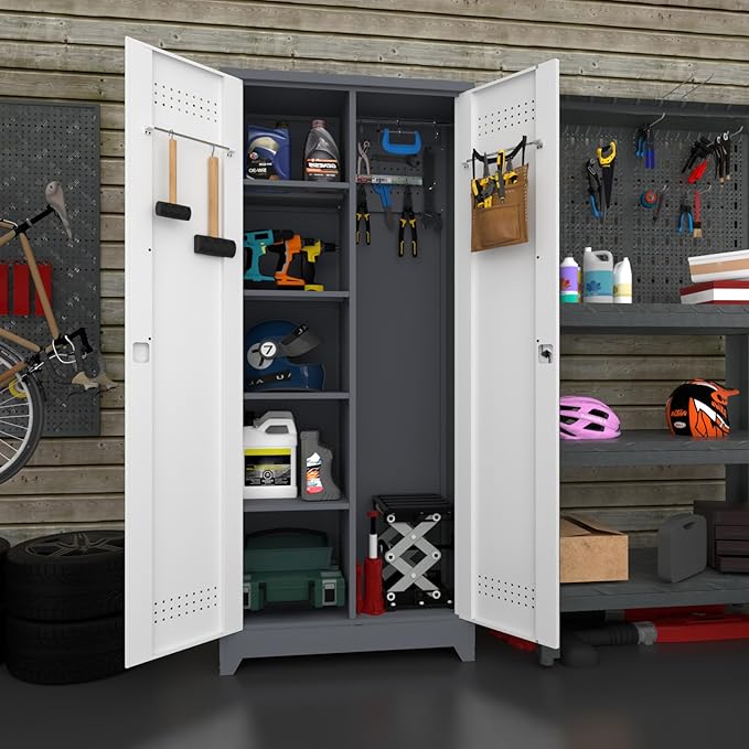 Metal Garage Storage Cabinets,Garage Tool Storage Cabinets with Lock,Locking Cabinet with Hanging Rod & S-Hooks for School,Gym,Grey-White