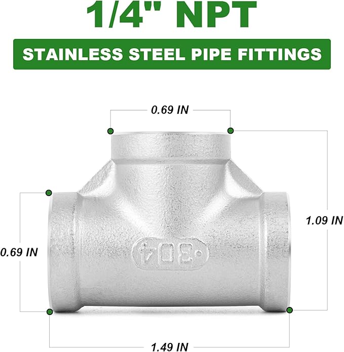 TAISHER 5PCS Stainless Steel Tee Pipe Fittings, 1/4" x 1/4" x 1/4" NPT Female Pipe Fittings