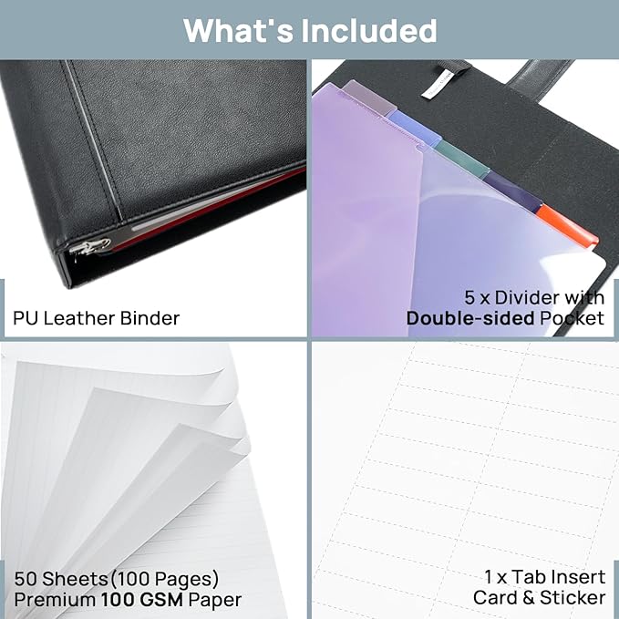 POPRUN PU Leather 1.5 Inch 3 Ring Binder, Professional Business Organizer- Includes PP Dividers, 100GSM / Grade AA Filler Papers, Card &Sticker for Tab- Ideal for Office Presentation Meetings, Black