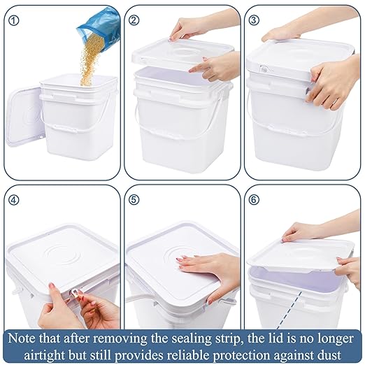 Peohud 5 Pcs 3.2 Gallon Food Grade Bucket with Lid, Square Plastic Pail with Handle for Storing Dry Food, Beans, Flour, Paint, Camping, Fishing