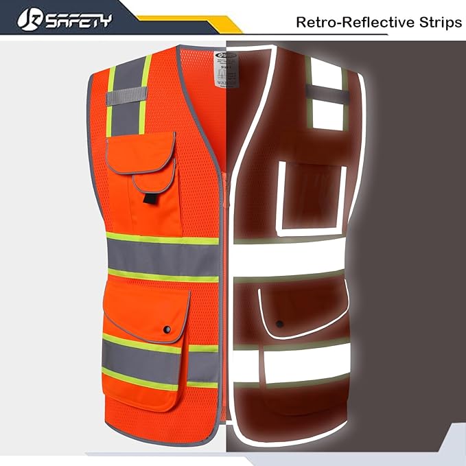 JKSafety 9 Pockets Hi-Vis Reflective Safety Vest | Mesh Fabric | Fluorescent Orange Color with Neon Yellow Extended Trims | ANSI/ISEA Compliance (100-Orange, 3XL)