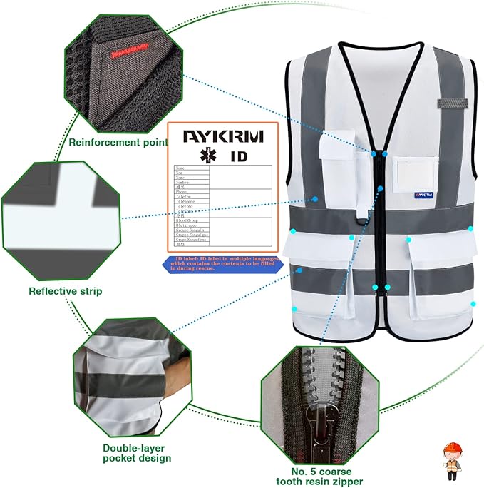 A-SAFETY Hi Reflective Safety Vest,Hi Vis Bright Neon Colors Safety Vest with 4 Reflective Strips 7 Pockets(White M)