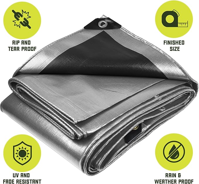 Core Tarps Heavy Duty 8 Mil Tarp Cover, Waterproof, UV Resistant, Rip and Tear Proof, Poly Tarpaulin with Reinforced Edges for Roof, Camping, Patio, Pool, Boat. (Silver/Black 10′ X 20′)