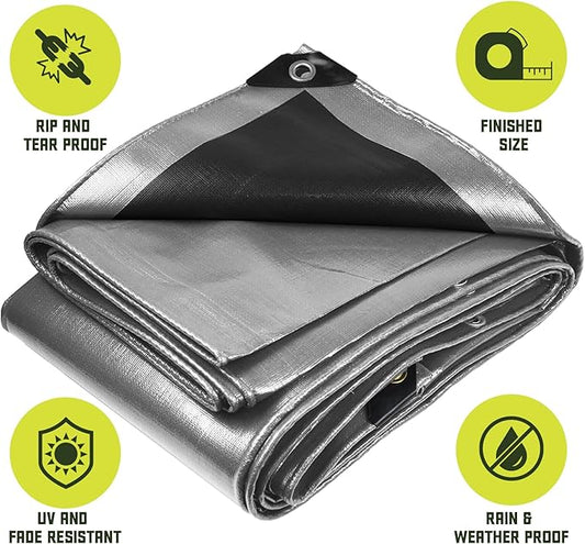 Core Tarps Heavy Duty 8 Mil Tarp Cover, Waterproof, UV Resistant, Rip and Tear Proof, Poly Tarpaulin with Reinforced Edges for Roof, Camping, Patio, Pool, Boat. (Silver/Black 24′ X 24′)