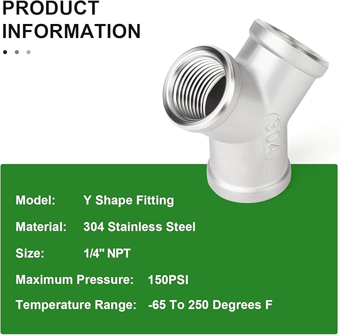 TAISHER 2PCS 304 Stainless Steel Y Shape 3 way Pipe Fittings, 1/4" x 1/4" x 1/4" NPT Female Pipe Fittings