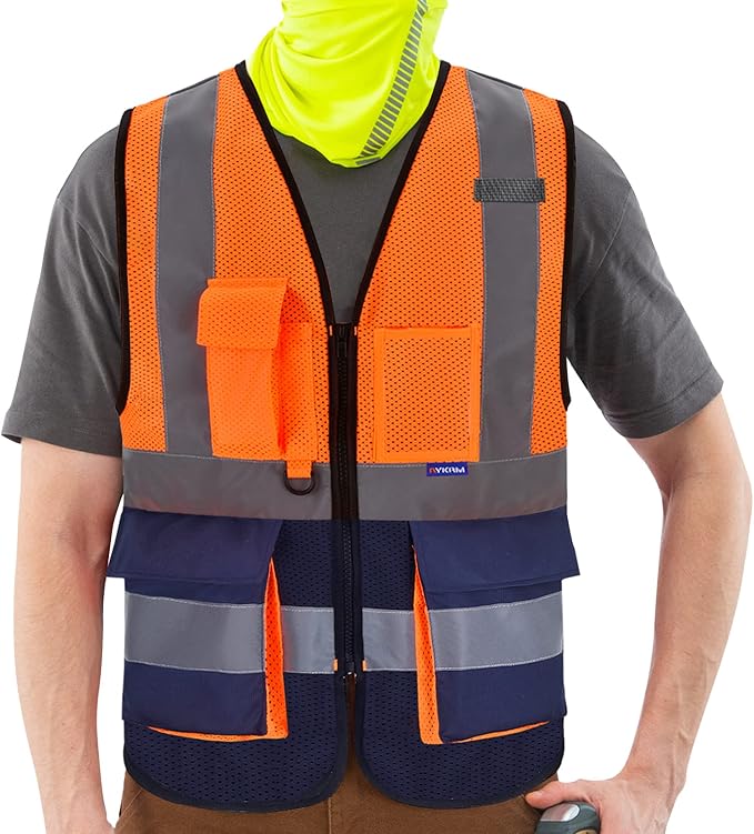 A-SAFETY High Visibility Mesh Safety Reflective Vest with Pockets and Zipper,Hi Vis Viz Reflective Safety Vest(Orange&Navy Mesh L)