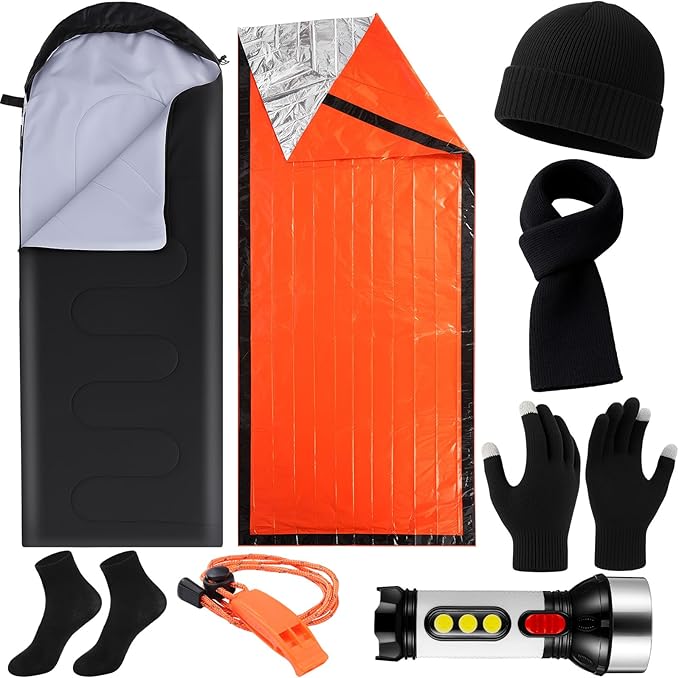8 Pcs Portable Emergency Thermal Blanket Camping Sleeping Bag Solar Rechargeable Flashlight Emergency Safety Whistle Gloves Scarf Socks Beanie Set for Camping Hiking Travel Hunting(Orange)
