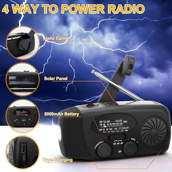 WALFRONT 10000mAh Solar Power Emergency Radio, Hand Crank Radio with LED Flashlight & 3 Power Source Weather Radio for Household Outdoor Emergency (Black)