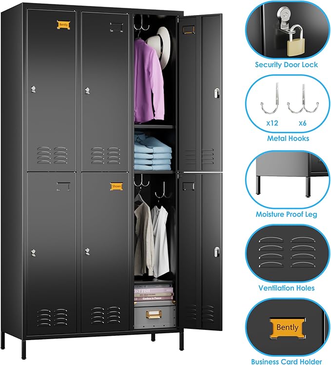 Metal Lockers for Employees with 6 Doors and 18 Hooks, 72”H Storage Locker with Card Slot for Office Gym School Bedroom, Black, Assembly Required