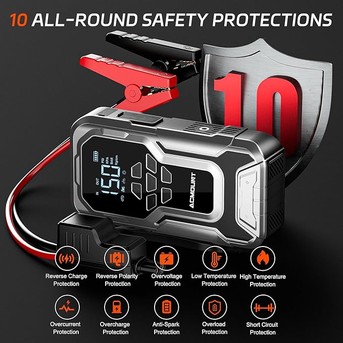 Acmount Jump Starter with Air Compressor, 6000A Car Battery Jumper Starter Portable(All Gas/10.0L Diesel), 150PSI Tire Inflator Air Pump, 12V Jump Pack with LCD Display, USB Quick Charge & LED Light