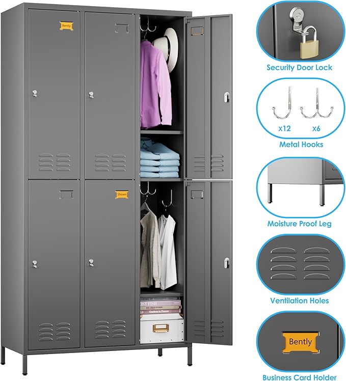 Metal Lockers for Employees with 6 Doors and 18 Hooks, 72”H Storage Locker with Card Slot for Office Gym School Bedroom, Assembly Required, Dark Gray