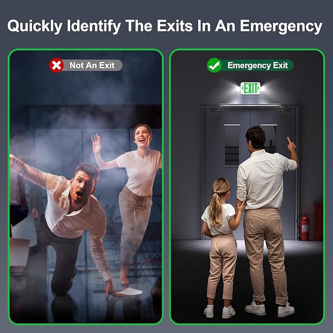 Led Exit Sign Emergency Light Combo Adjustable Two Head,Double Sided and Battery Backup Exit Light,Green Letter Hardwired Emergency Exit Sign,AC 120/277V,UL Listed,Ceiling&Wall Mount (1 Pack)