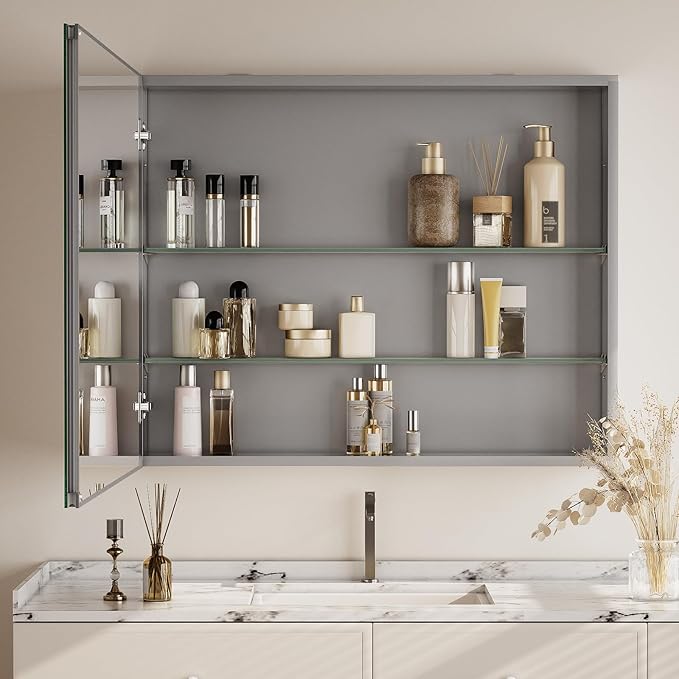 Bathroom Medicine Cabinet with Mirror, 16 Inch x 24 Inch Bathroom Mirror Cabinet with Single Door & Adjustable Shelves, Surface Mount or Recess Installation