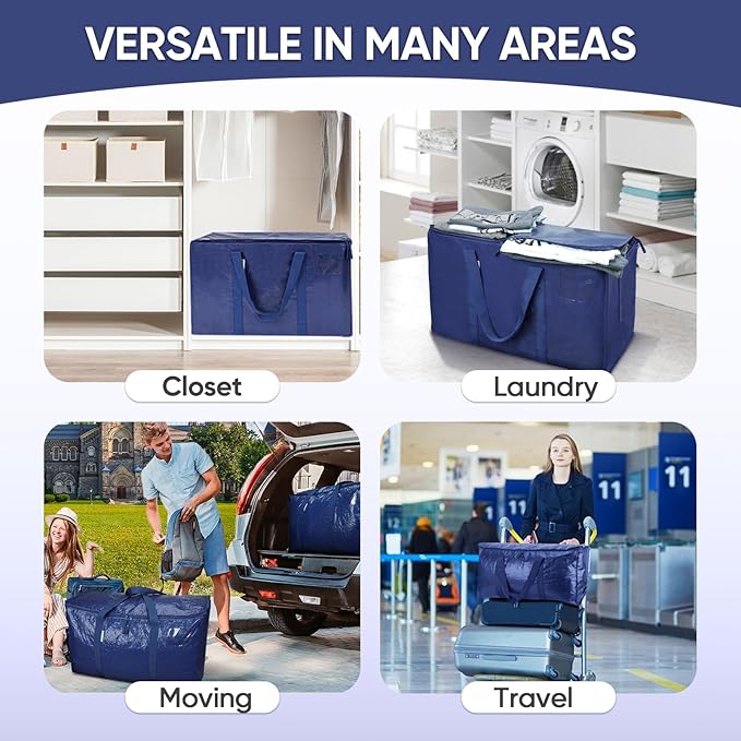 TICONN 4 Pack Extra Large Moving Bags with Zippers & Carrying Handles, Heavy-Duty Storage Tote Moving Boxes for Space Saving (4 Pack, Navy)