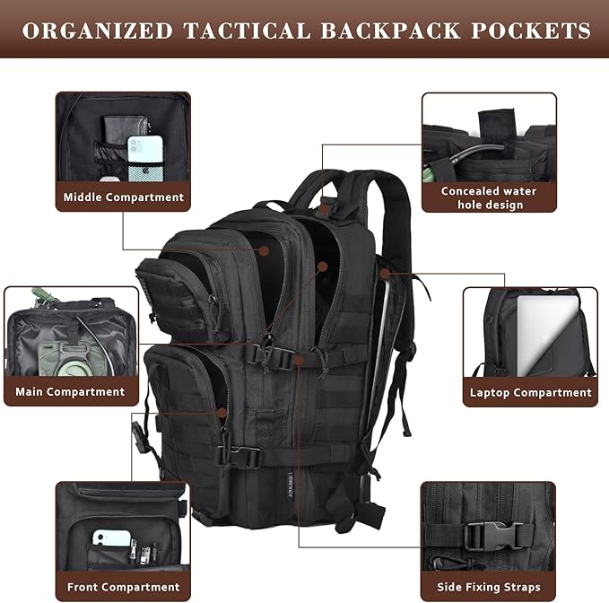 40L Military Tactical Backpack for Men, Tactical Laptop Backpack with Molle Waterproof, Army 3 Days Assault Pack & Bug Out Bag for Hiking (09-Black)