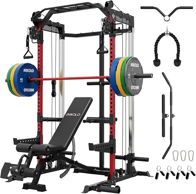 Mikolo Power Cage, 2000LB Power Rack with Independent Dual Pulley System, Multi-Function Home Gym Workout Machine for Cable Crossover