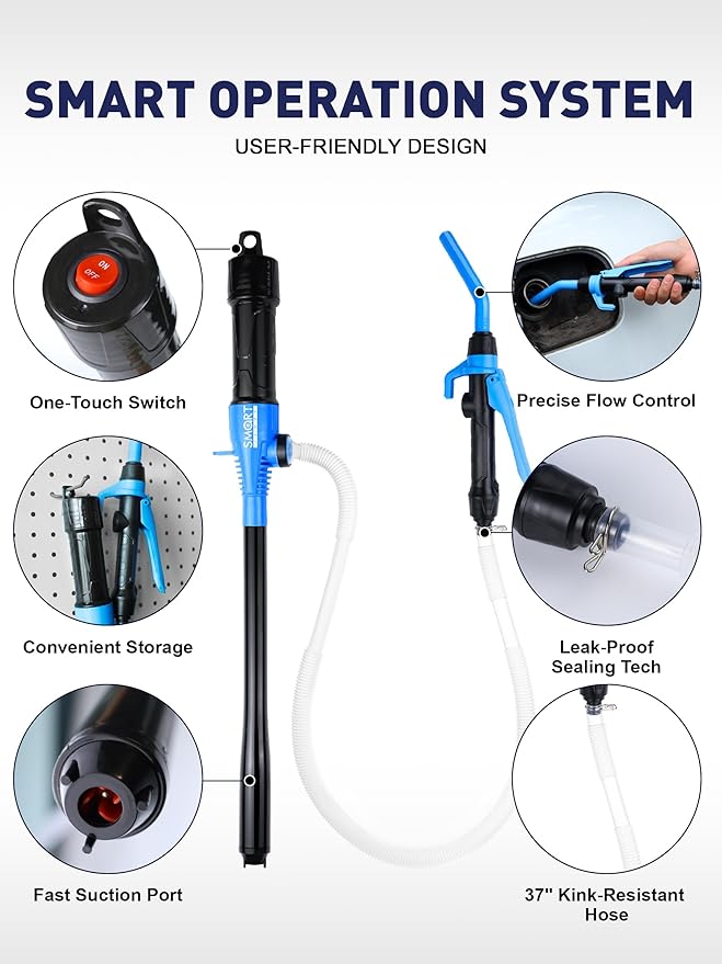 SMART JERRY - Battery Powered Fuel Transfer Pump | Portable Electric Siphon Pump for Gas, Fuel, Diesel, Water, Transmission | 2.8 GPM Battery Hand Pump with Flow Control Nozzle
