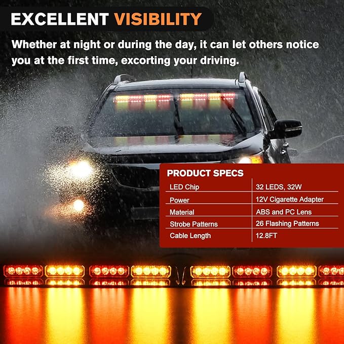 Nilight 32LED Amber Red Emergency Dash Strobe Lights with Controller Suction Cups Warning Hazard Interior Front/Rear Windshield Deck Split Light Bar for Trucks Construction Vehicles